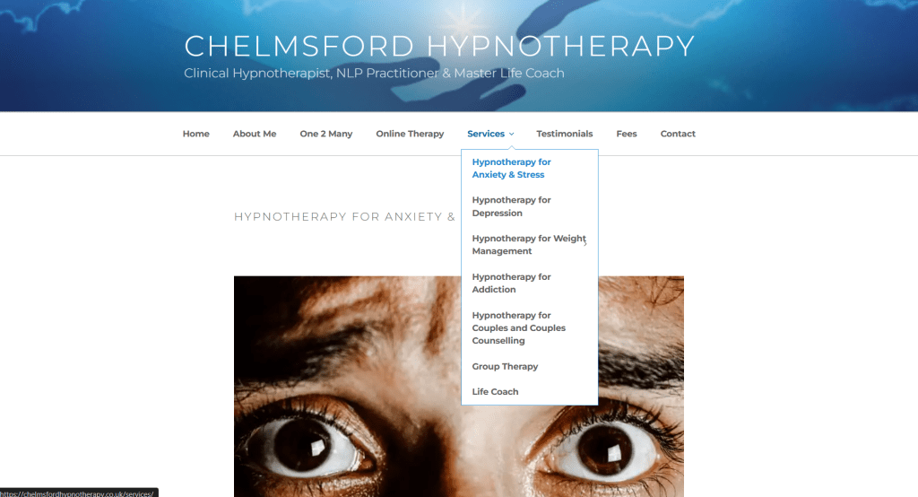 Screenshot of Chelmsford Hypnotherapy's service offering