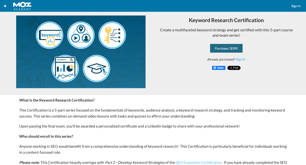 A screenshot of the Keyword Research Certification via Moz Academy