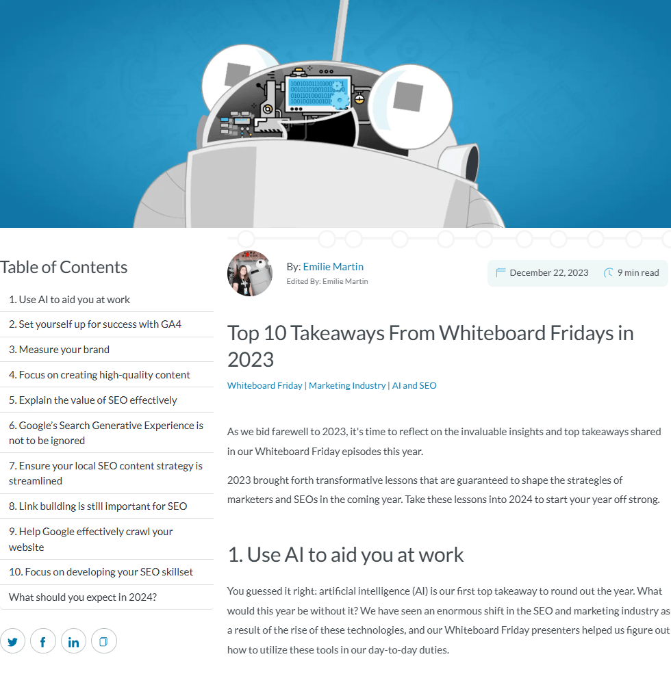 Screenshot of Moz blog written by Emilie Martin - Top 10 Takeaways From Whiteboard Fridays in 2023