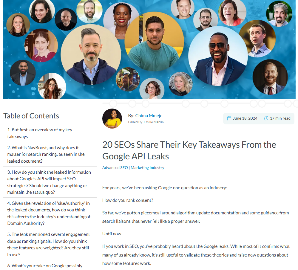 Blog edited by Emilie Martin, 20 SEOs Share Their Key Takeaways From the Google API Leaks by Chima Mmeje