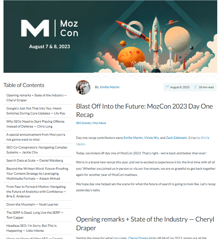 Moz blog post written by Emilie Martin: Blast Off Into the Future: MozCon 2023