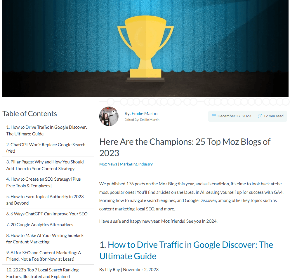 A blog post written by Emilie Martin - Here Are the Champions: 25 Top Moz Blogs of 2023